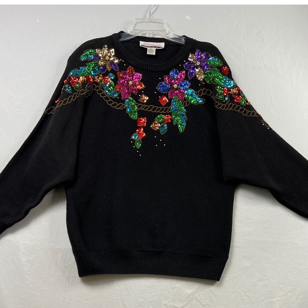 Vintage Diana Marco Sequin Floral Sweater Womens 20 Black Beaded Ramie Cotton